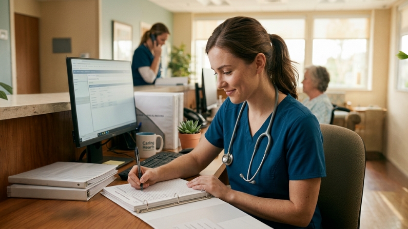 Education, Training & Facilities Planning a healthcare professional in blue scrubs with a stethoscope working at a desk in an office